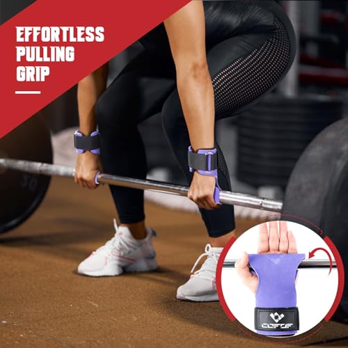 COFOF Weight Lifting Wrist Strap, Double Layer Leather Wrist Strap for Deadlift and Powerlifting, Adjustable Neoprene Padded Gym Workout Lifting Hooks (Pair) - color: Purple