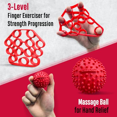 FitBeast Grip Strength Trainer, Hand Gripper Strengthener Kit - 6 Pack with Adjustable Resistance Forearm Strengthener, Forearm Exerciser and Massage Balls for Hand Therapy, Grip Training - color: Red