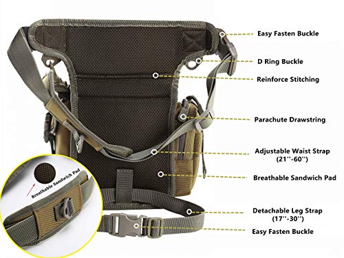 Jueachy Drop Leg Bag for Men Tactical Metal Detecting Thigh Pack with Water Bottle Pouch - color: Tan