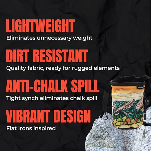 Rock Climbing Chalk Bag | for Outdoor, Gym, & Bouldering | Adjustable Waist Belt, Durable Drawstring Closure, & Zippered Pocket - style: Flat Irons