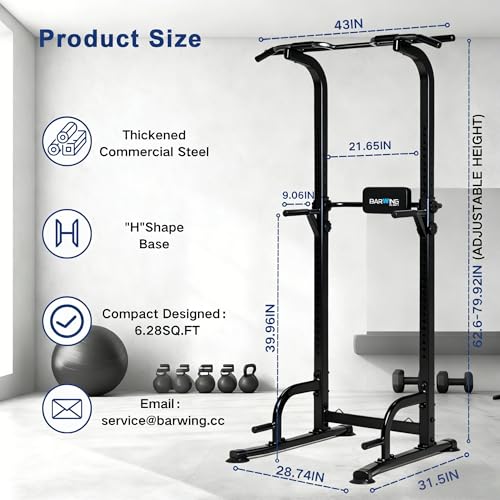 BARWING Pull Up Bar Station, Power Tower, Dip Station with 3D Backrest, Multi-Function Strength Training Stand Rack, Adjustable Height Dip Bar for Home Gym Workout Stand Fitness Exercise Equipment - color: Dark grey