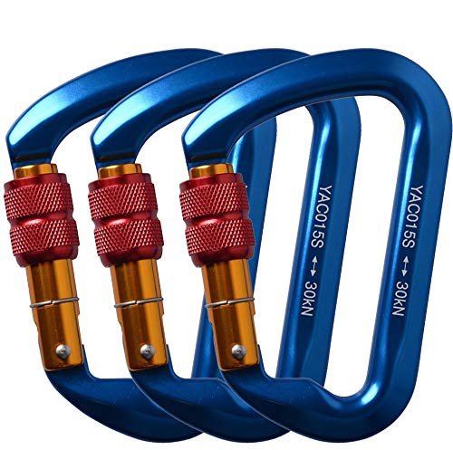 Ayamaya Climbing Carabiners - 3 Pack Screwgate Locking Carabiner 30KN (6744 lbs) Heavy Duty Gears for Rock Climbing, Rappelling, Swing Rescue & Gym, Large D-Shaped Carabiners - color: Blue