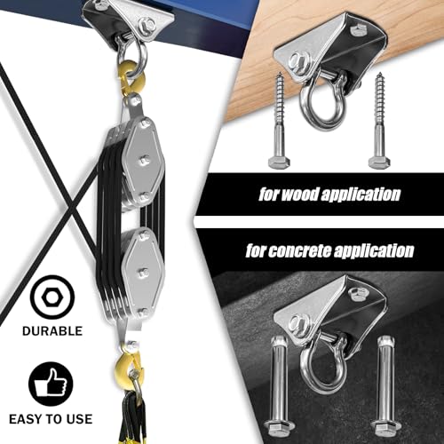 YATOINTO Rope Hoist Pulley System, 4400LB Block and Tackle Pulley System, 8:1 Lifting Power 65ft, Pulley Block for Lifting Loading Pulling with 1 Swing Hanger 2 Screws 2 Expansion Bolts - color: black, size: UPGRADED-4wheels+swing hanger