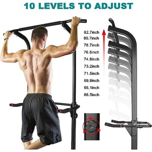 Power Tower Workout Station, Height Adjustable 66.5"-82.7" Multi-Function Dip Stand with 330 LBS Capacity, Pull Up Bar for Home Gym Strength Training, Heavy Duty Steel Frame, Black