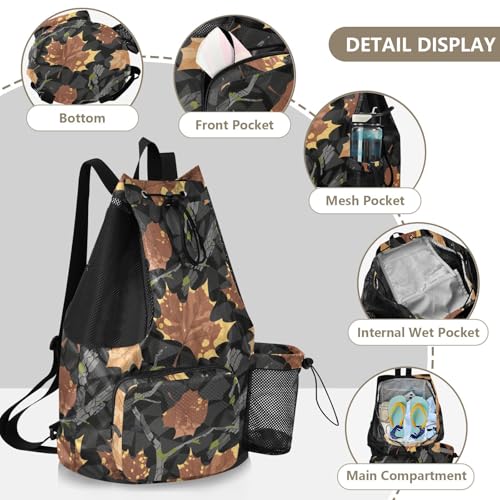 Drawstring Climbing Gym Bag With Pockets Drawstring Bags For Men Women with Wet Dry Compartments Camouflage Maple Leaf Branch Brown Black
