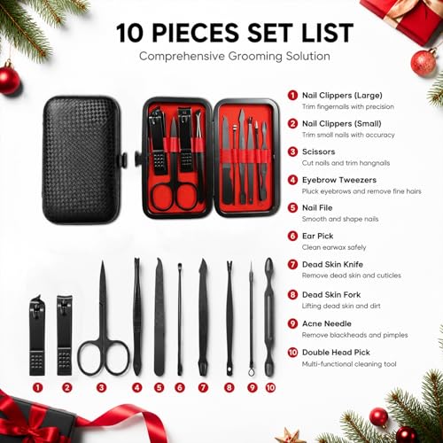 10-Pc Manicure Set, Stocking Stuffers for Men, Gift Ideal for Teen Boy | Precision Grooming Tools Tackle Fingernail, Toenail, and Cuticle Care, Christmas Choice for Boyfriend, Husband - color: Black