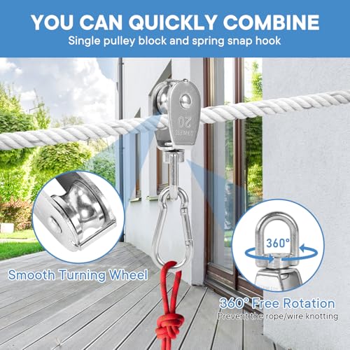 6X 304 Stainless Steel M20 Single Swivel Rope Pulley Blocks with Snap Hooks | 360° anti-twist swivel pulley. For lifting, towing & hanging wire rope on crane/outdoor. Has spring snap hooks for fast fit - size: M20-6pcs
