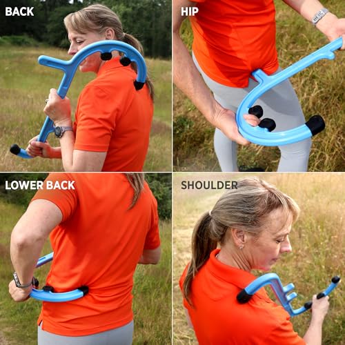 Tiger Tail Tiger Cane Back & Neck Massager – Trigger Point Deep Tissue Acupressure Therapy Cane Massage Hook with 7 Gription Knobs, 2-Piece Massage Tool for Muscle Knot & Shoulder Pain Relief, Blue - color: Blue