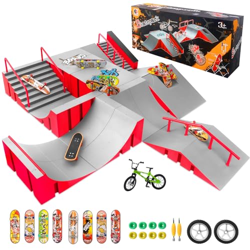 CS COSDDI Finger Skateboard Park Kits,14 in 1 Skateboard Finger Toys with 8 Finger Skateboards & 14 Skatepark Deck Ramp,Finger Bike for Boys or Girls Gift,Mini Finger Skateboards Ramp Accessories Set | Build custom skatepark layouts with 14 modular ramps,
