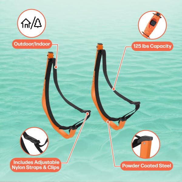 RAD Sportz Kayak Storage Hooks - Set of 2 Wall-Mounted Hangers with 125lbs Capacity for Kayaks, Surfboards, Paddleboards, or Snowboards (Orange)