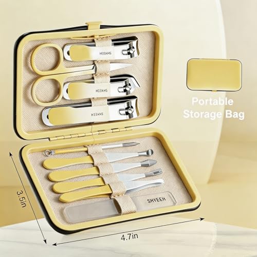 Manicure Set, 10 pcs High-Carbon Steel Nail Clippers Set, Portable Mini Manicure and Pedicure Kit, Travel Grooming Nail Kit with Leather Bag for Men and Women - color: Yellow