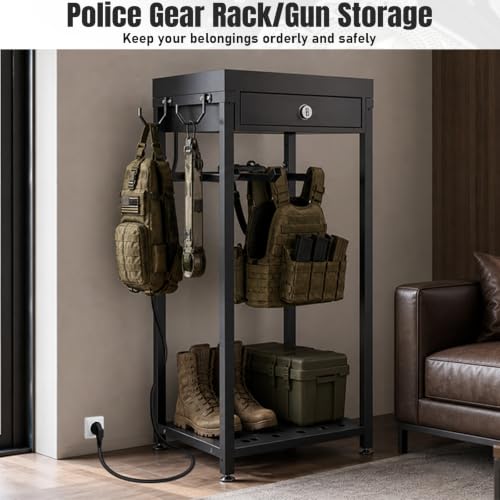 Police Gear Rack with Built-in Power Strip, Tactical Gear Organizer Stand for Duty Belt, Police Vest, Body Armor, Plate Carrier, Helmet Storage, Heavy Duty Gear Rack - size: Freestanding w/Combination Lock
