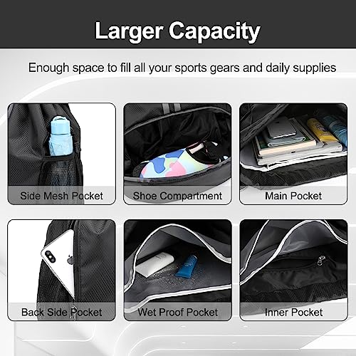 Hoedia Sports Drawstring Backpack - String Swim Gym Bag with Shoes Compartment and Wet Proof Pocket for Women&Men | String Bag with Shoes Compartment and Wet Proof Pocket, Adjustable Wider Shoulder Strap, For Soccer, Basketabll, Volleyball - color: Black,