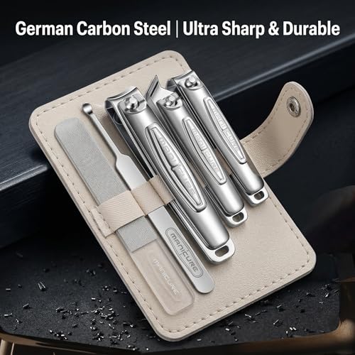 Nail Clippers for Men, 5pcs Professional Manicure Set with Sharp Slanted German Clippers, Stainless Steel Travel Pedicure Tools for Precise Hand Foot and Nail Grooming in Portable Leather Case