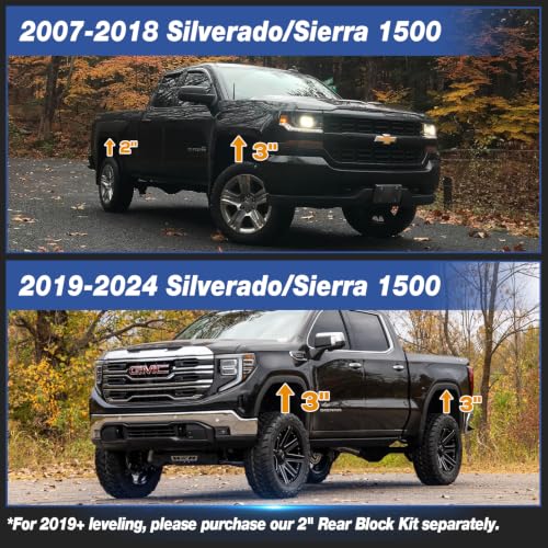 Dynofit 3" Front & 2" Rear Lift Kits for 2007-2024 Silverado 1500 Sierra 1500 (2WD/4WD), Full Suspension Leveling Kit with Front Strut Spacers and Block U-Bolt Set - size: 3 inch front / 2 inch rear