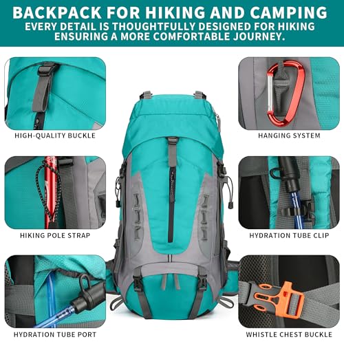 75L Hiking Backpack with Rain Cover Waterproof Camping Backpack Shoes Warehouse for Men Women, Frameless - color: Lakeblue, size: 60L