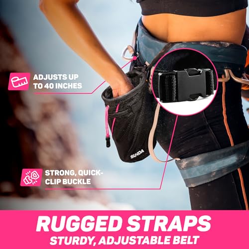 Chalk Bag for Rock Climbing - Rock Climbing Gifts Gear Accessories - Quick-Clip Belt, Large Zippered Pockets & Brush Holder - Weight Lifting, Gym, Bouldering, Disc Golf, Wall, Rock Climbing Chalk Bag - color: Sukoa Pink