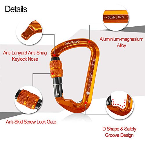 Ayamaya Climbing Carabiners - 3 Pack Screwgate Locking Carabiner 30KN (6744 lbs) Heavy Duty Gears for Rock Climbing, Rappelling, Swing Rescue & Gym, Large D-Shaped Carabiners - color: Orange