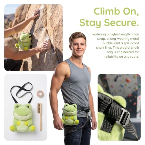 Cute Frog Plush Chalk Bag for Rock Climbing, Soft Fluffy Animal Climbing Magnesium Pouch with Adjustable Belt, Novelty Stylish Chalk Bucket for Bouldering Gym Training