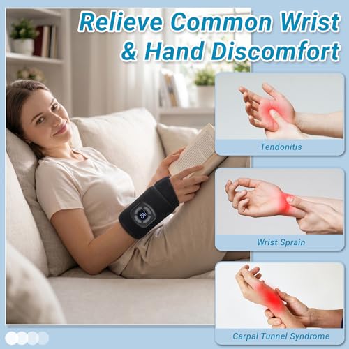 Air Compression Wrist Massager with Heat & Vibration, Cordless Portable Hand Massager with Multiple Modes Intensity Levels for Office Workers, Gamers (Can Be Used with Both Hands)
