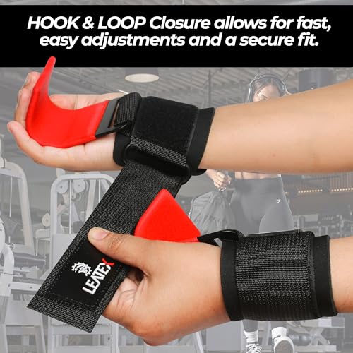 Weight Lifting Hooks (Pair) for Deadlifts, Pull Ups, Rows & Shrugs - Anti-Rip Nylon Strap Hand Grips with Thick Wrist Padding - Heavy Duty Wrist Straps for Weightlifting & Gym Workouts - color: Red