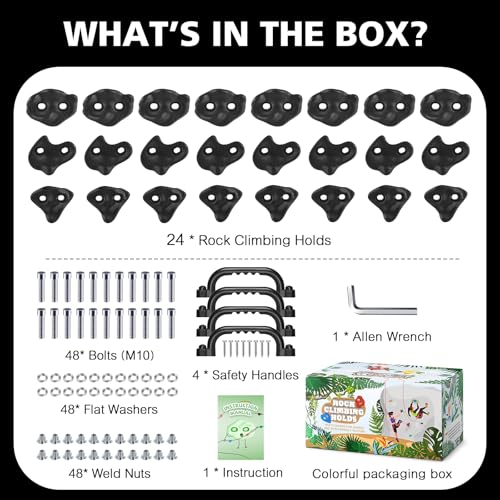 18PCS Climbing Holds for Kids,Large Climbing Holds for Play Set, Rock Wall Climbing Kit with Hardware for Indoor and Outdoor Climbing, Swingset - Adult Rock Wall Holds with Mounting Hardware (Black) - style: 24pcs Climbing Holds & 4 Handles