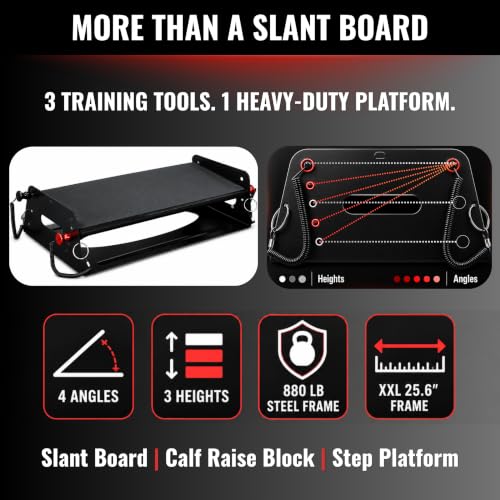 XXL 3-in-1 Adjustable Steel Slant Board, Calf Raise Block, Step Up Platform | Squats, step-ups, calf raises & stretches — heavy-duty steel adjusts 7°–28° across 3 heights for ankle mobility, 880lbs