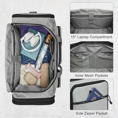 G4Free 3-in-1 Expandable Duffle Bag for Travel Gym, Large Duffel Backpack | 45L to 55L, with Shoes Compartment & Wet Pocket, for Men Women, Grey - color: Grey