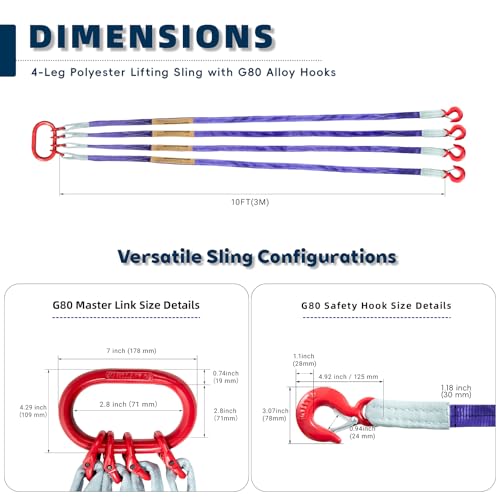 10ft (3m) Polyester Lifting Sling with G80 Hooks and Rings – 4 Ton Capacity, 6:1 Safety Factor, Heat Treated and Painted, Heavy Duty, Ideal for Construction and Industrial Lifting