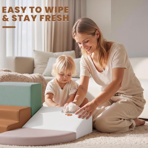 Hoohtoot Foam Climbing Blocks for Toddlers: 6-Piece Soft Play Set - PU Leather Climbing and Crawling Toys - Indoor Baby Learning Gym - Kids Play Structure for Preschool - style: Beige/Ivory