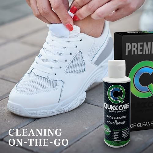 QuickCare Premium Shoe Cleaner with Conditioner, Brush & Sponge, Ultimate Cleaning Shoes Kit for Sneakers, Leather, Suede, Canvas, Mesh, Shoe Care Set, Foam Touch-Up Solution, 4 oz