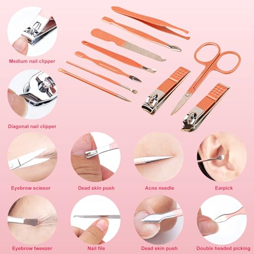 Nail Clippers Set, 10 PCS Professional Manicure Set and Pedicure Kit with Travel Case,Stocking Stuffers, Christmas Gift for Men and Women - color: Pink