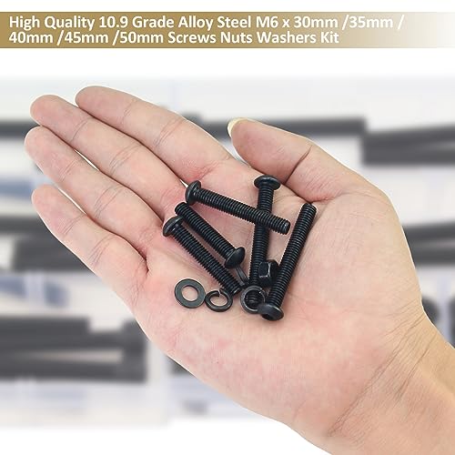 87 Pieces Black M6 x 30/35 /40/45 /50 mm Button Head Socket Cap Screws Nuts Washers Assortment Kit, 10.9 Grade Alloy Steel - size: M6 x 30/35/40/45/50mm, style: Button Head