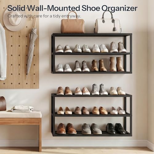 HOOBRO Wall Mounted Shoe Rack, 2-Pack Hanging Metal Shoe Storage Organizer, 3-Tier Vertical Shoe Holder, Metal Shoe Shelf for 18-24 Pairs, Entryway, Hallway, Closet, Black BK33XJP201