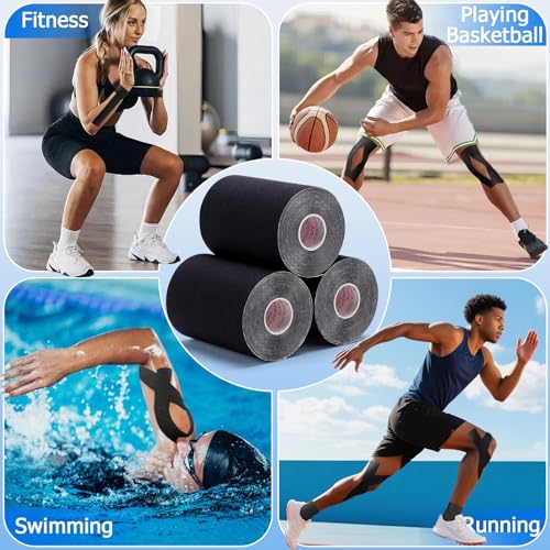3 Pack Wide Kinesiology Tape, 4in x 5.5yd Athletic Tape, Black - color: Black 4in
