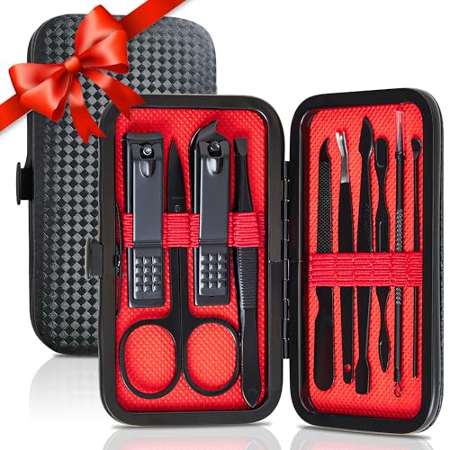 Manicure Set 10 in 1 Mens Gifts Travel Nail Clippers Set for Him, Mens Grooming Manicure Kit Pedicure Tools for Men Women Girls Boys Parents Husband Wife with Black Leather Case - size: 10-PCS Set
