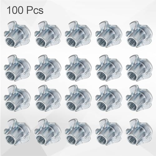 HARFINGTON M6x11mm T-Nuts 4 Pronged Tee Nut 0.69" x 0.43" Fully Thread Carbon Steel Inserts for Wood, Rock Climbing Holds, Cabinetry, Furniture 100pcs - size: M6x11mm, 17.5mm