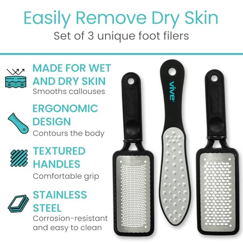 Vive Foot File (3 Pack) - Feet Scraper for Dead Skin - Heel Grater, Callus | Remover Scrubber Tool, Rasp for Cracked Heels - Stainless Steel Pedicure Filer for Men & Women - Use on Wet or Dry Skin