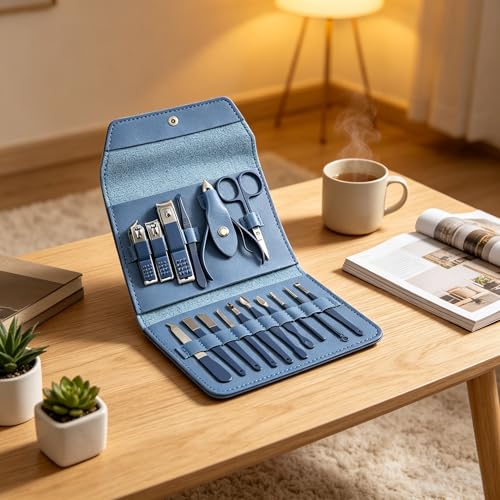 Luxury 16-in-1 Professional Manicure Set - Premium Stainless Steel Nail Clippers & Grooming Kit with Elegant Leather Travel Case - Blue - color: Blue, size: 16PCS
