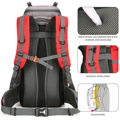 75L Hiking Backpack with Rain Cover Waterproof Camping Backpack Shoes Warehouse for Men Women, Frameless - color: Red, size: 60L