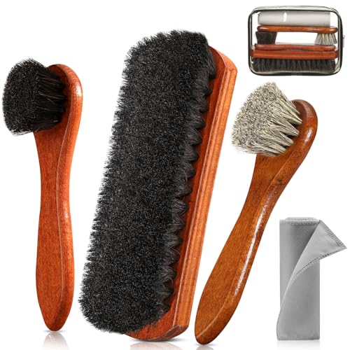 4Pcs Shoe Brush, Premium Horse Hair Brush for Leather, Professional Shoe Polish Brush, Long-Lasting Shoe Cleaning Brush, 100 Percent Horsehair Shoe Brush Shine Kit for Cleaning and Polishing - size: 4PCS