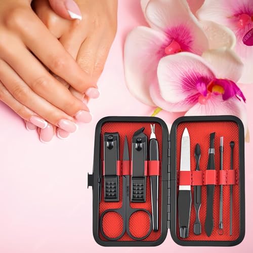 Premium Stainless Steel Manicure Set – 9-in-1 Grooming Kit with Elegant Leather Storage Case-RED