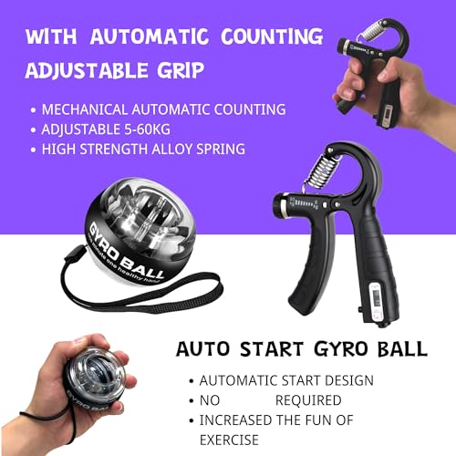 Hand Grip Strengthener Workout Kit (8 Pack) Forearm Grip Adjustable Resistance Hand Gripper, Finger Stretcher, Finger Exerciser, Grip Ring，Gyro Ball (black)