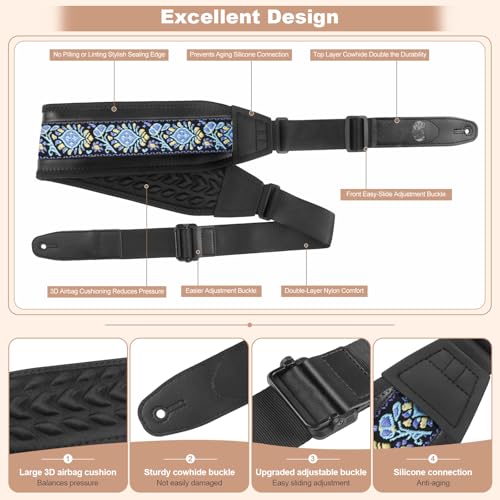 Guitar Bass Strap, Embroidered Electric Guitar Strap, Double Adjustable Buckle, Length Adjustable from 49" to 63", Equipped with 3" 3D Foam Padding, Includes 4 Picks and 2 Strap Locks, Blue Flower. - color: Blue Flower(49"-63")