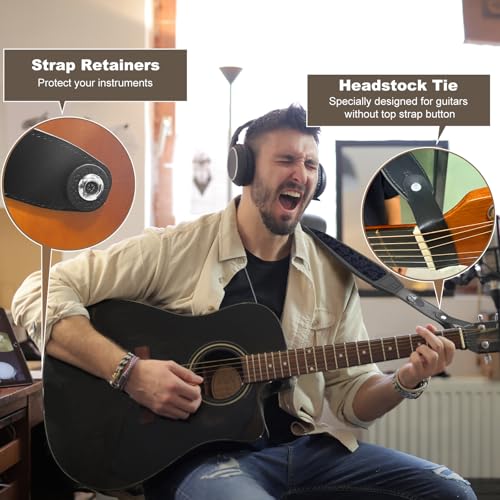 Guitar Strap and Bass Strap, Embroidered Guitar Strap, Adjustable Strap Length, Equipped with 3D Sponge Filled Foam Pad, Comes with 4 Picks + 2 Strap Locks, Best Gift for Guitar Players, Dark Blue - color: Deep Blue Embroidery