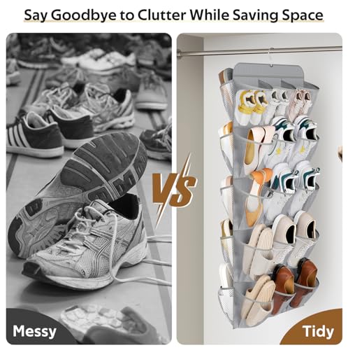 MISSLO 30 Large Pockets Dual Sided Hanging Shoe Organizer for Closet with Rotating Hanger Hanging Shoe Shelves, Grey - color: Grey