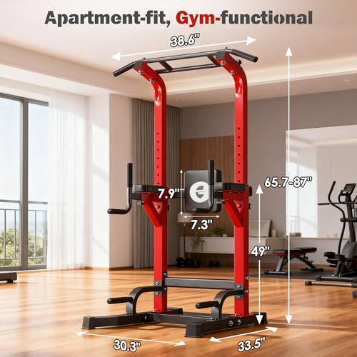 DlandHome Power Tower Pull Up Bar Station, 10 Level Adjustable Height | Heavy Duty Pull Up Dip Station for Home Gym Strength Training Equipment, Comfortable Backrest, 330LBS Weight Capacity - color: Red