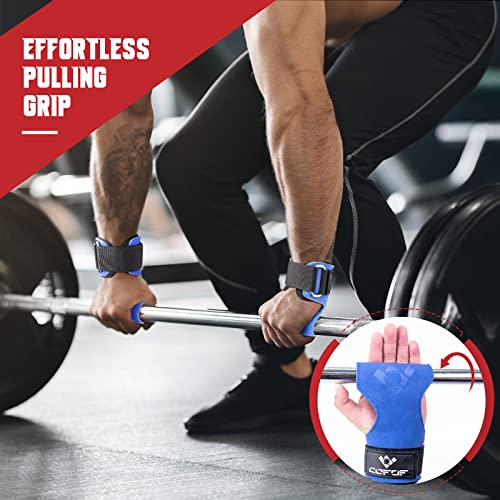 COFOF Weight Lifting Wrist Strap, Double Layer Leather Wrist Strap for Deadlift and Powerlifting, Adjustable Neoprene Padded Gym Workout Lifting Hooks (Pair) - color: Blue