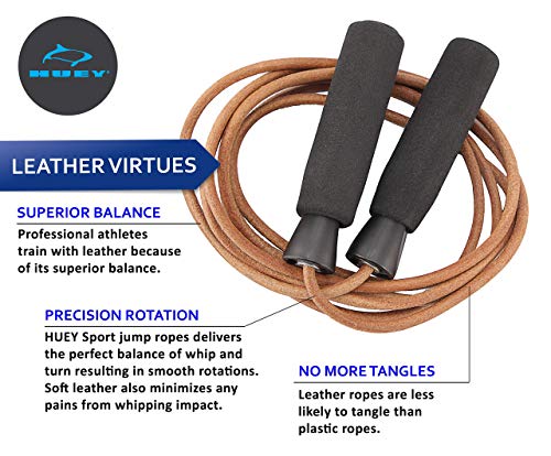 HUEY Sport Leather Jump Rope Skipping Rope for Speed Quiet Training Boxing MMA Cardio Crossfit Fitness Workout Indoor and Outside Exercise for Adult Kids Men and Women (5.5 oz)