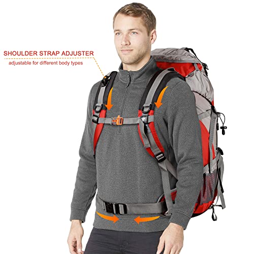 Loowoko 50L Hiking Backpack, Waterproof Camping Essentials Bag with Rain Cover, 45+5 Liter Lightweight Backpacking Back Pack - color: Red